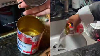 Social media video of people opening cans of cranberry sauce to find only water inside