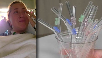 split image of woman in hospital bed, cup of glass straws
