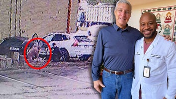 An SUV crashed into a wall / Two men standing side by side, one of them in a doctor's coat and the other in a buttondown