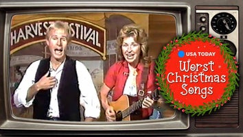 A man and a woman singing and playing guitar / holiday wreath that reads 'Worst Christmas Songs'