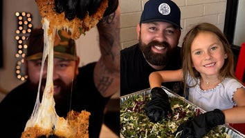 Food influencer doing cheese pull, Michael Duarte with daughter