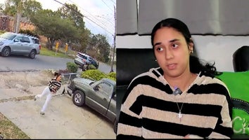 split image of Jacelynn Guzman in surveillance footage running, with ICE agents in pursuit/Jacelynn Guzman in indoor interview