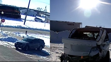 split image of surveillance camera showing train about to hit car/aftermath of wrecked car