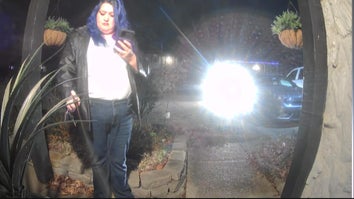 Home security camera shot of Doordash delivery driver spraying something on delivery