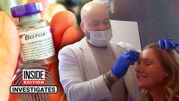 Hand holding up a vial of Botox / Doctor marking patient's face for Botox injection sites