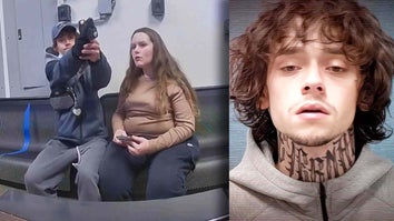 Surveillance footage of two people on a couch, one is pointing a gun / mugshot
