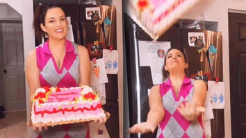 Woman holding a cake / Woman bracing to catch a cake 