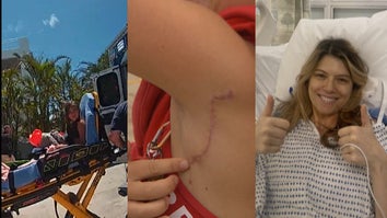 Girl on hospital stretcher, woman showing scar under her arm, Inside Edition's Alison Hall giving a thumbs up from a hospital bed