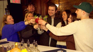 A group of you adults in a bar, raising a glass for a cheers