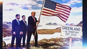 Picture depicting Donald Trump planting the American flag on Greenland as J.D. Vance and Marco Rubio look on. 