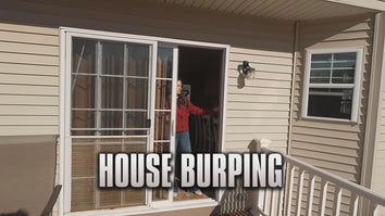 Woman opening the door to her house, the phrase "House Burping" is at bottom