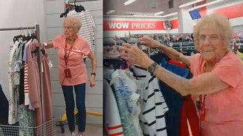 Elderly woman hanging clothes on a rack / Elderly woman pushing a rack of clothes