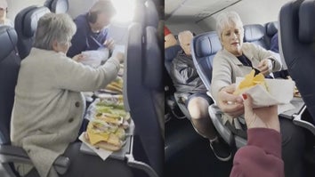 Shelly Murphy making multiple sandwiches on an airplane tray table / Shelly Murphy handing a sandwich to someone