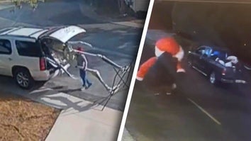 Surveillance footage of a person trying to stuff a 10-ft skeleton into the back of an SUV / Surveillance footage of a person holding a partially deflated Santa lawn ornament to car