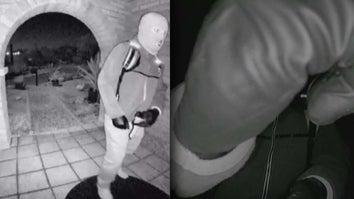 Surveillance footage of a masked individual at Nancy Guthrie's door / Gloved hand blocking view of security camera