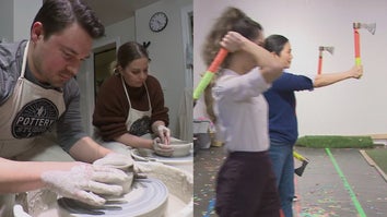 A couple takes a pottery class, people throwing axes