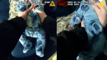 split image from officer bodycam of chest compressions/back pats on choking baby