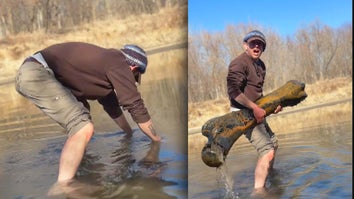 Man pulling something out of water / Man holding large mammoth bone