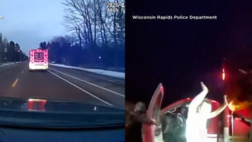 Split image of ambulance on the road, man exiting ambulance with hands in the air