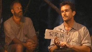 Season 1 'Survivor' contestant Rich sitting at a campfire / Jeff Probst holding a paper that reads 'Rich' during voting