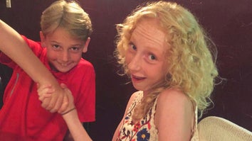 A young Grant Brockman shaking hands with a young Grace Brockman