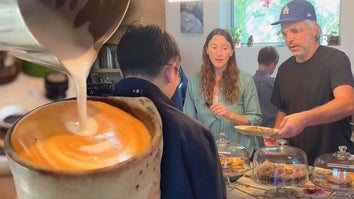 Milk poured into coffee, Man with baked goods handing a plate to customer