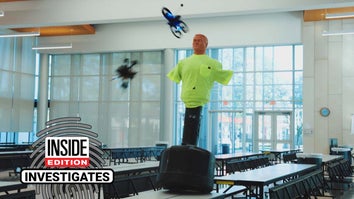 Two drones flying into a test dummy wearing a neon t-shirt