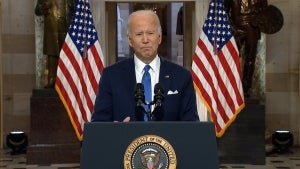 Biden Slams Trump for Inciting Violence 1 Year After Capitol Insurrection 
