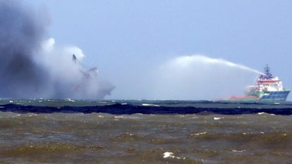 Burning cargo vessel in Sri Lanka.