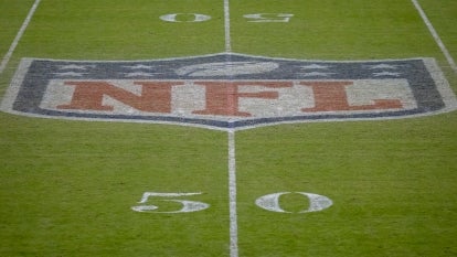 A detailed view of the NFL logo on the field after the game between the Washington Football Team and the Dallas Cowboys at FedExField on October 25, 2020 in Landover, Maryland.