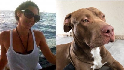 Victim Tiffany Fangione,48, is pictured here with one of her dogs that were euthanized, Rachirus Maximus