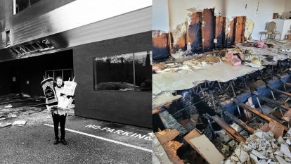 (l-r) Rabbi Mendel Weinfeld holds 2 of the Torahs that were saved; fire damage on the floor of the building 