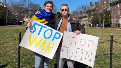 (l-r) Greg Tarnovsky of Ukraine and Vlad Krelov of Russia are roommates at University of Delaware and are supporting one one another as their countries at war. 