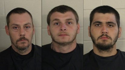 From left, mugshots of: Robert John Criswell, 39, Kyle Dewayne Dover, 28, Hunter Chase Hammitt, 23