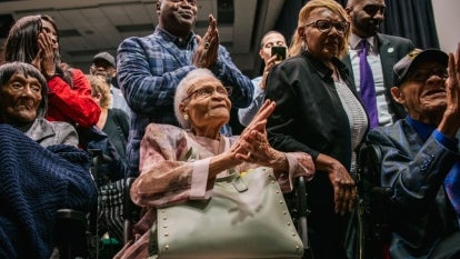 From left to right, survivors Lessie Benningfield Randle, Viola Fletcher, and Hughes Van Ellis gathered during a rally to commemorate the 100th anniversary of the Tulsa Race Massacre in 2021