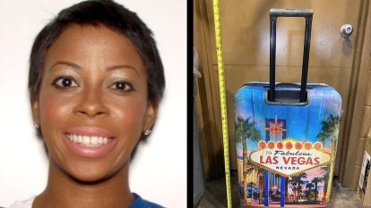 Anderson next to Las Vegas suitcase