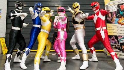 Group of Power Ranger costumes at Con in London
