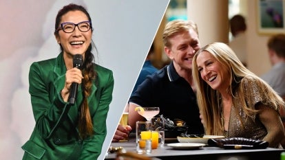 Actress Michelle Yeoh, left, is pictured speaking at a Disney event about her upcoming film "American Born Chinese," and actress Sarah Jessica Parker, right, is photographed on location while filming the second series of "And Just Like That...".