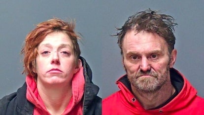 on left: Alexandra Eckersley mugshot, on right: George Theberge mugshot