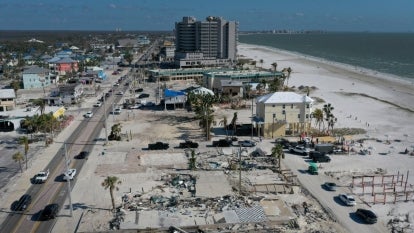 Aerial view of cleared lots that remain of homes and businesses that were destroyed by Hurricane Ian in Fort Myers Beach, Florida. 