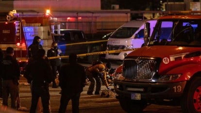 Personnel take measures at the scene after a fire broke out at a migration facility killing at least 39 migrants in the Mexican northern border city of Ciudad Juarez, Mexico on March 28, 2023. 