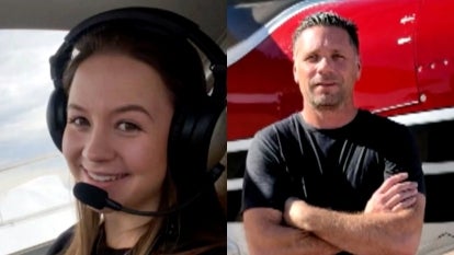 Taylor Hash photo on left wearing airplane headset and photo of Chris Yates on right standing in front of red plane