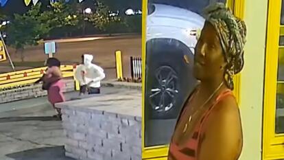 split image, on left is an image of the mother and son outside of the fast food restaurant from security footage, on the left is an image of Carlisha Hood at the order window inside of the restaurant