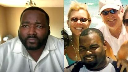 split image: left of Michael Oher, right of Oher and Tuohy family