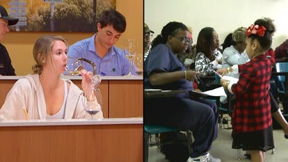 Colege students tasting wine in class / College students recieving papers from child
