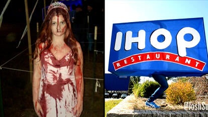 Girl in costume / IHOP sign