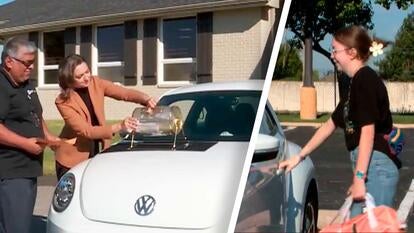 Raffle drawing for white Volkswagen and winner Gabriella Bonham