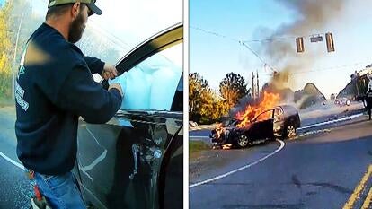 Good Samaritan cuts airbag/Car on fire