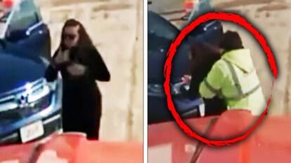 Woman choking/ Jeff Hanus administers the Heimlich maneuver.