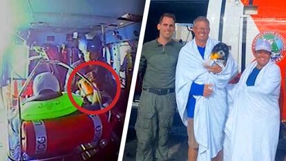 A couple and their dog were airlifted by the US Coast Guard after their boat was damaged off the coast of Florida.